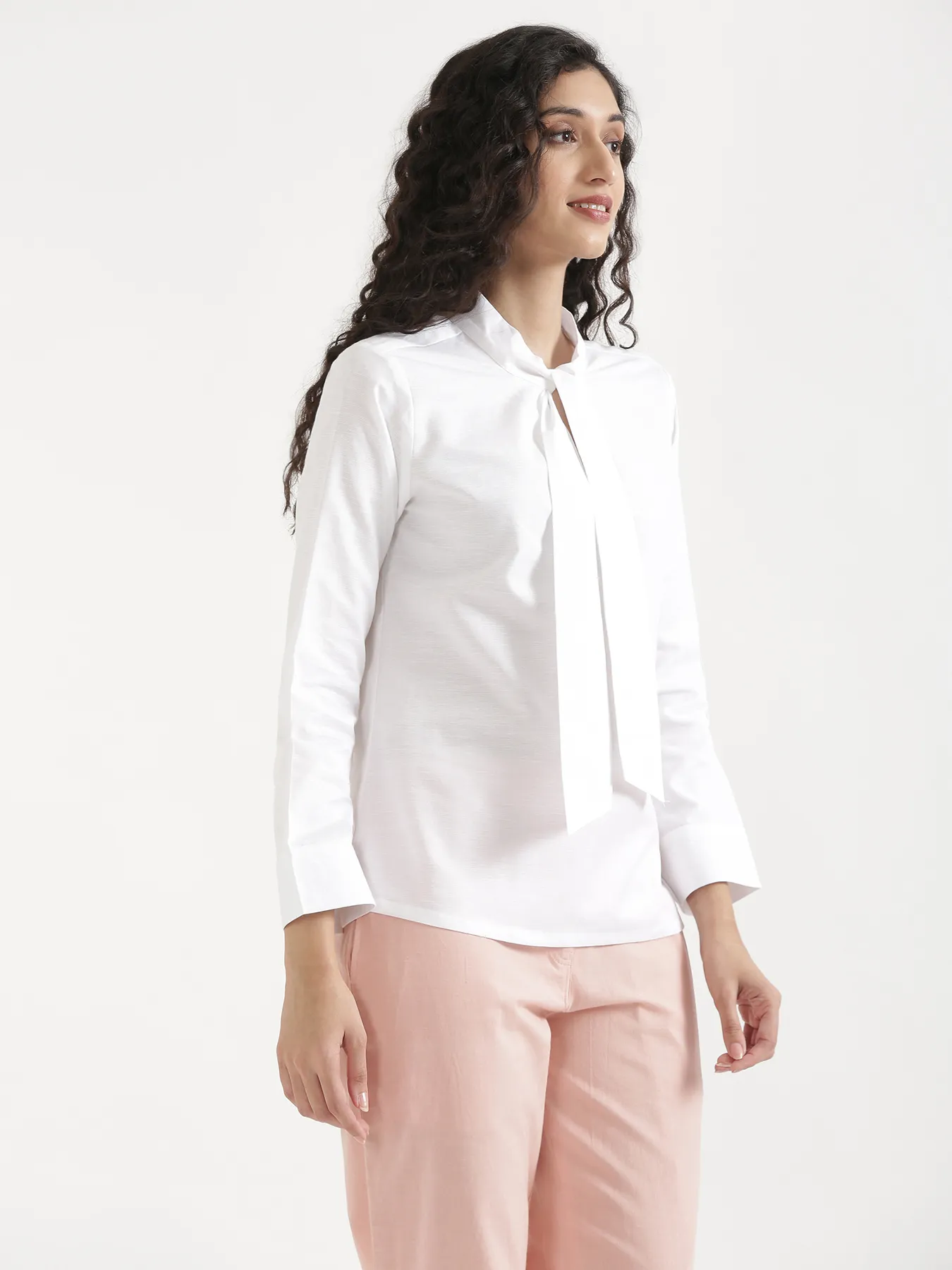 Women White Linen Blend Knot Blouse - Image 11