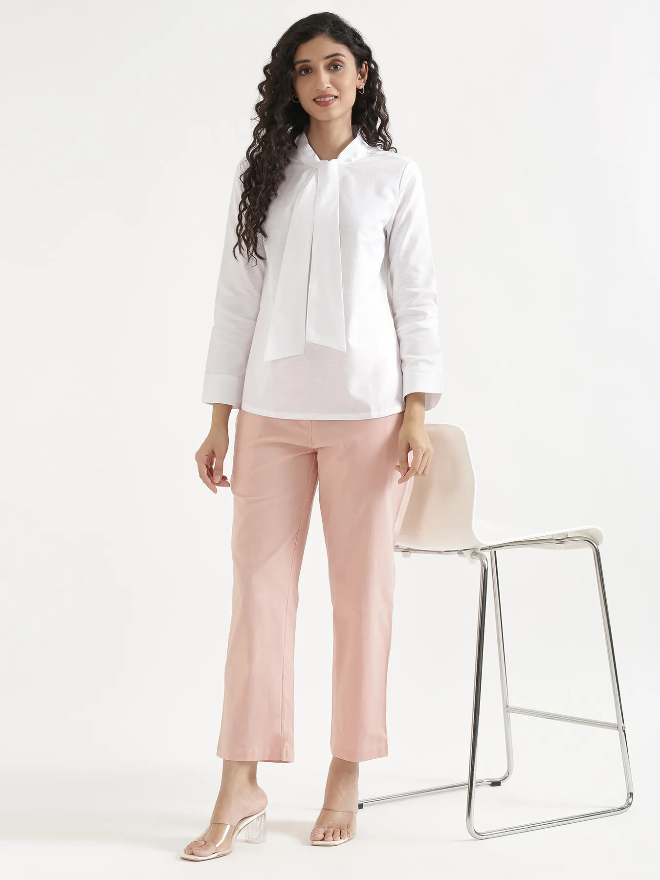 Women White Linen Blend Knot Blouse - Image 12