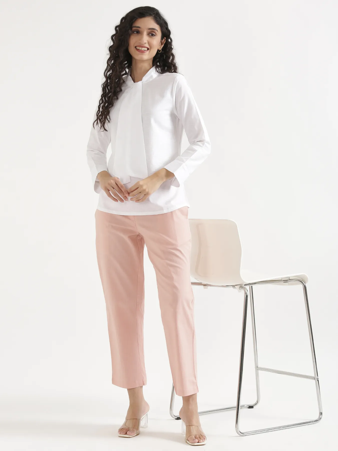 Women White Linen Blend Knot Blouse - Image 13