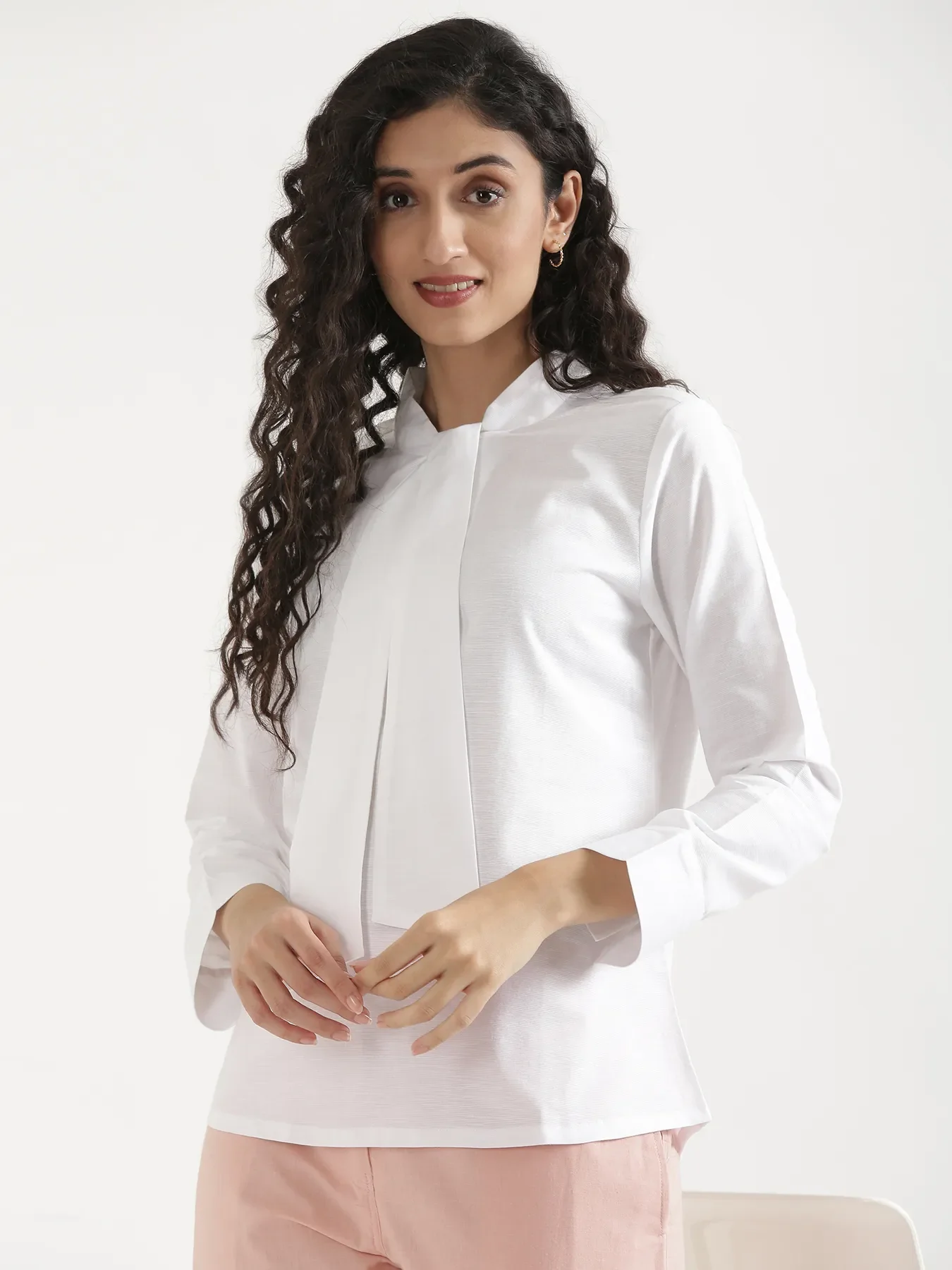 Women White Linen Blend Knot Blouse - Image 2