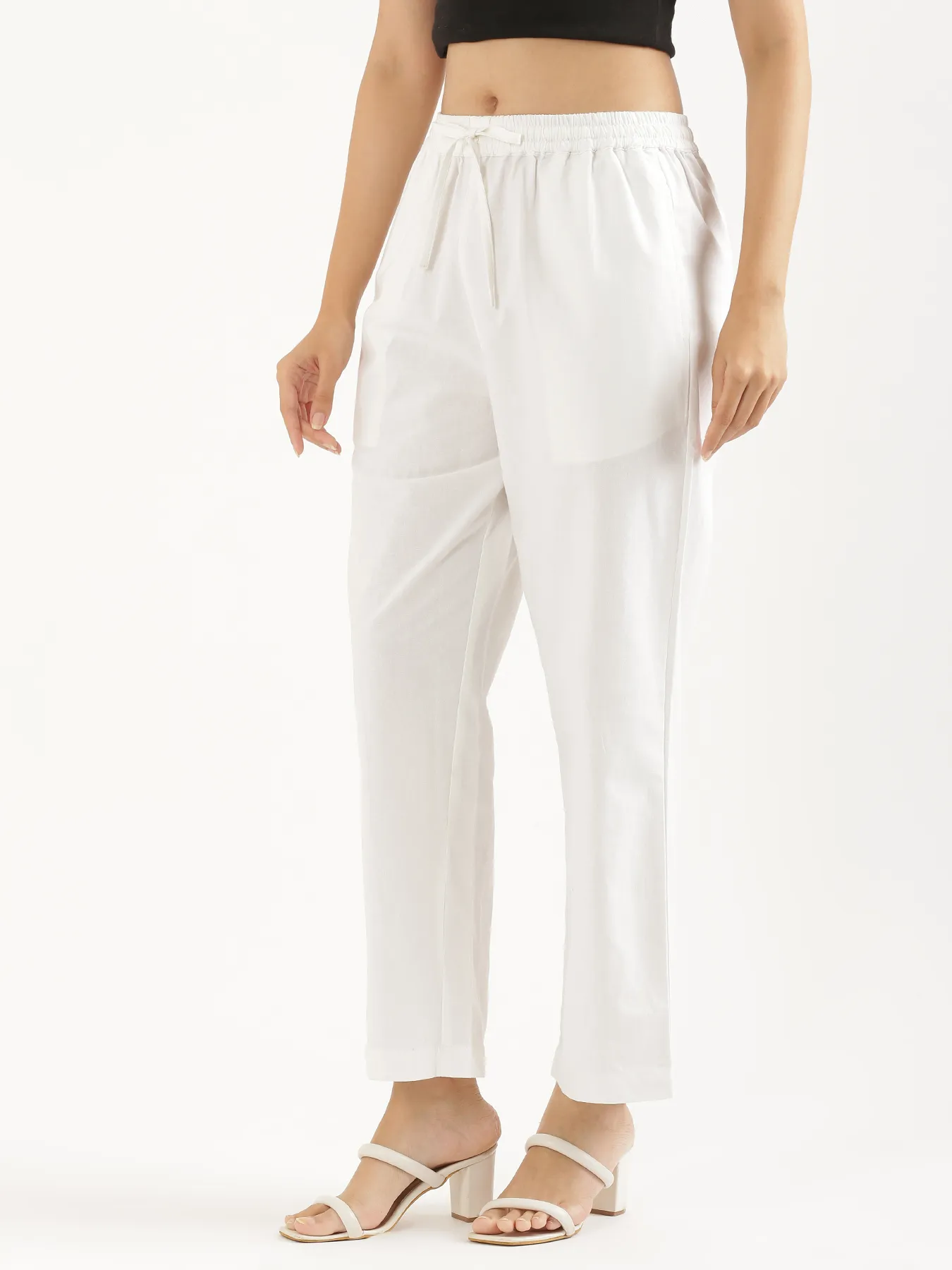 Women White Cotton Straight Pant - Image 4