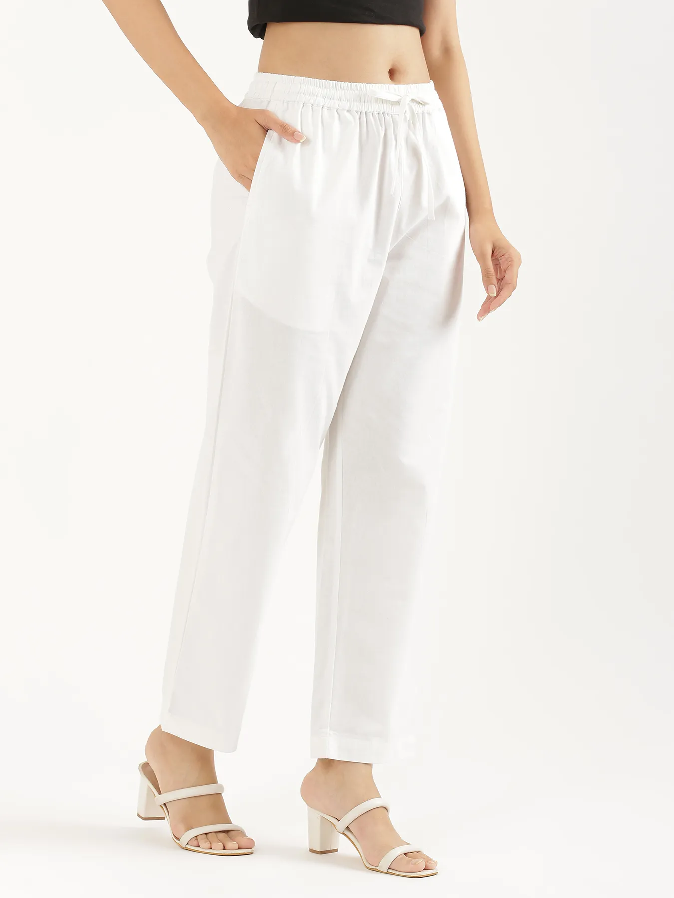 Women White Cotton Straight Pant - Image 8