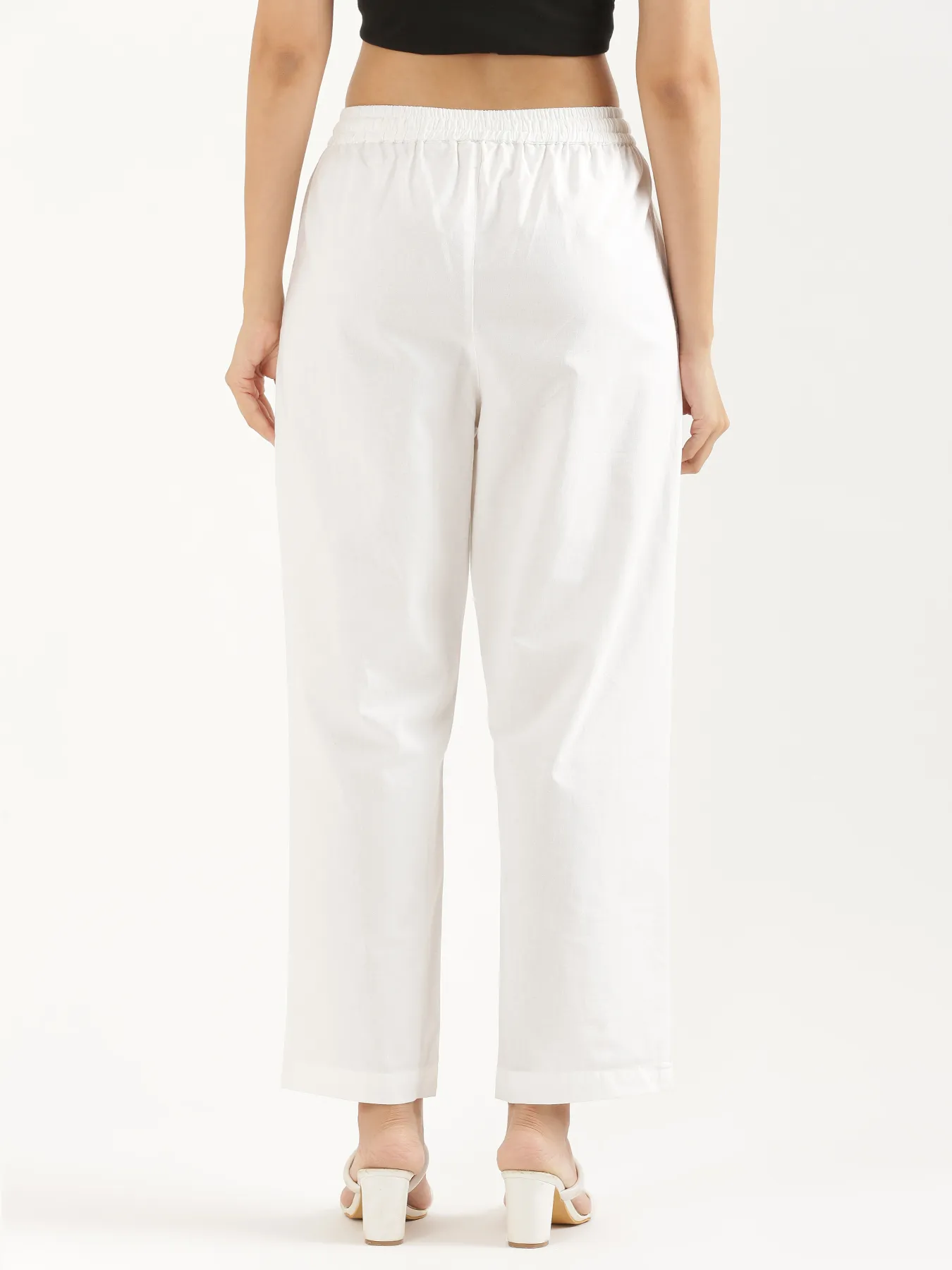 Women White Cotton Straight Pant - Image 9