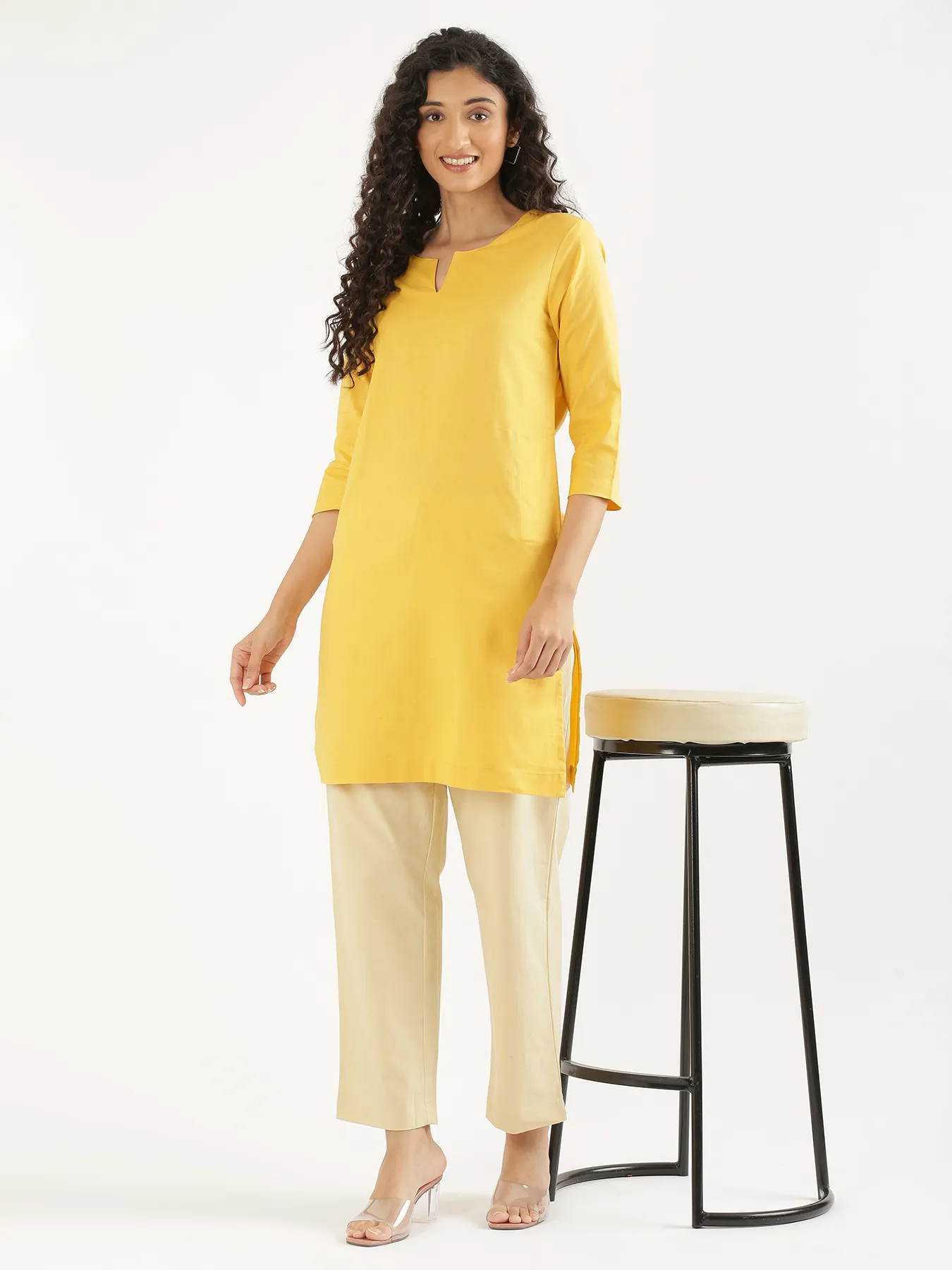 Women Yellow Airy Linen Mid Thigh Length Kurta - Image 11