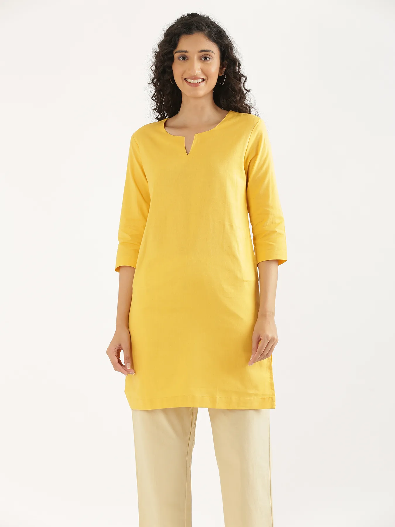 Women Yellow Airy Linen Mid Thigh Length Kurta - Image 3