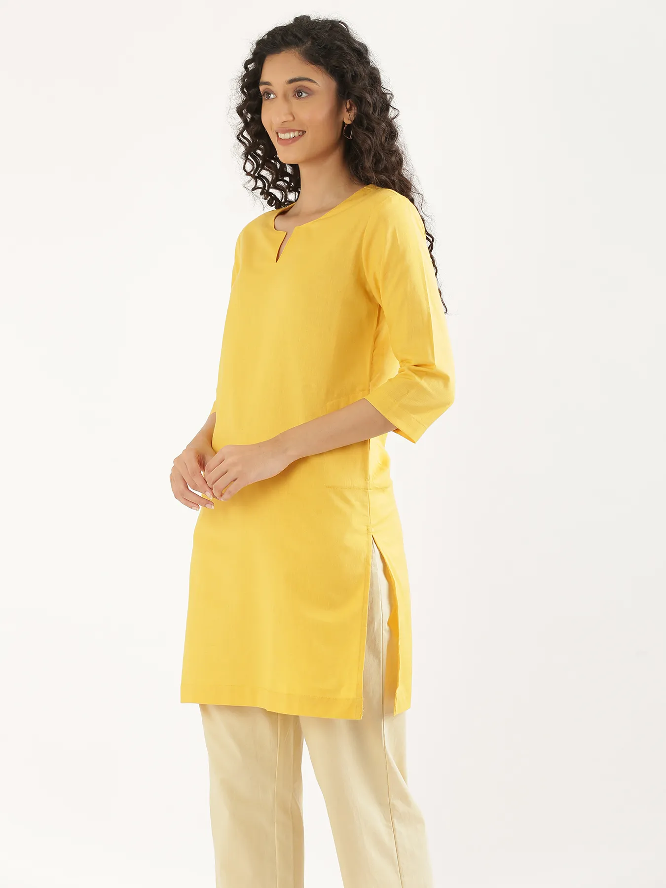 Women Yellow Airy Linen Mid Thigh Length Kurta - Image 8