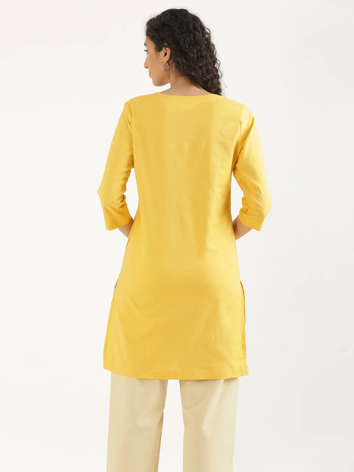 Women Yellow Airy Linen Mid Thigh Length Kurta - Image 9