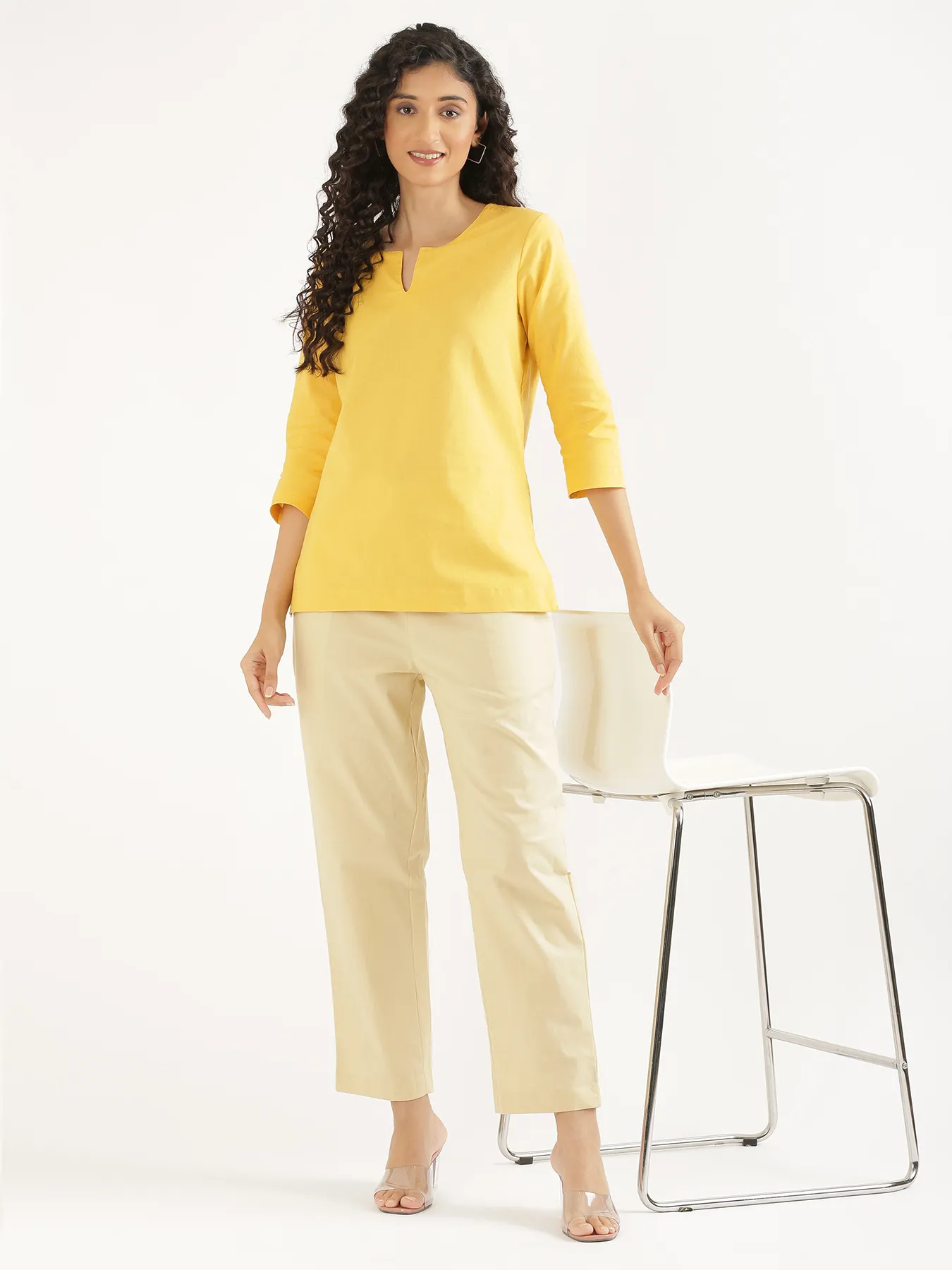 Women Yellow Airy Linen Split Neck Short Kurta - Image 12