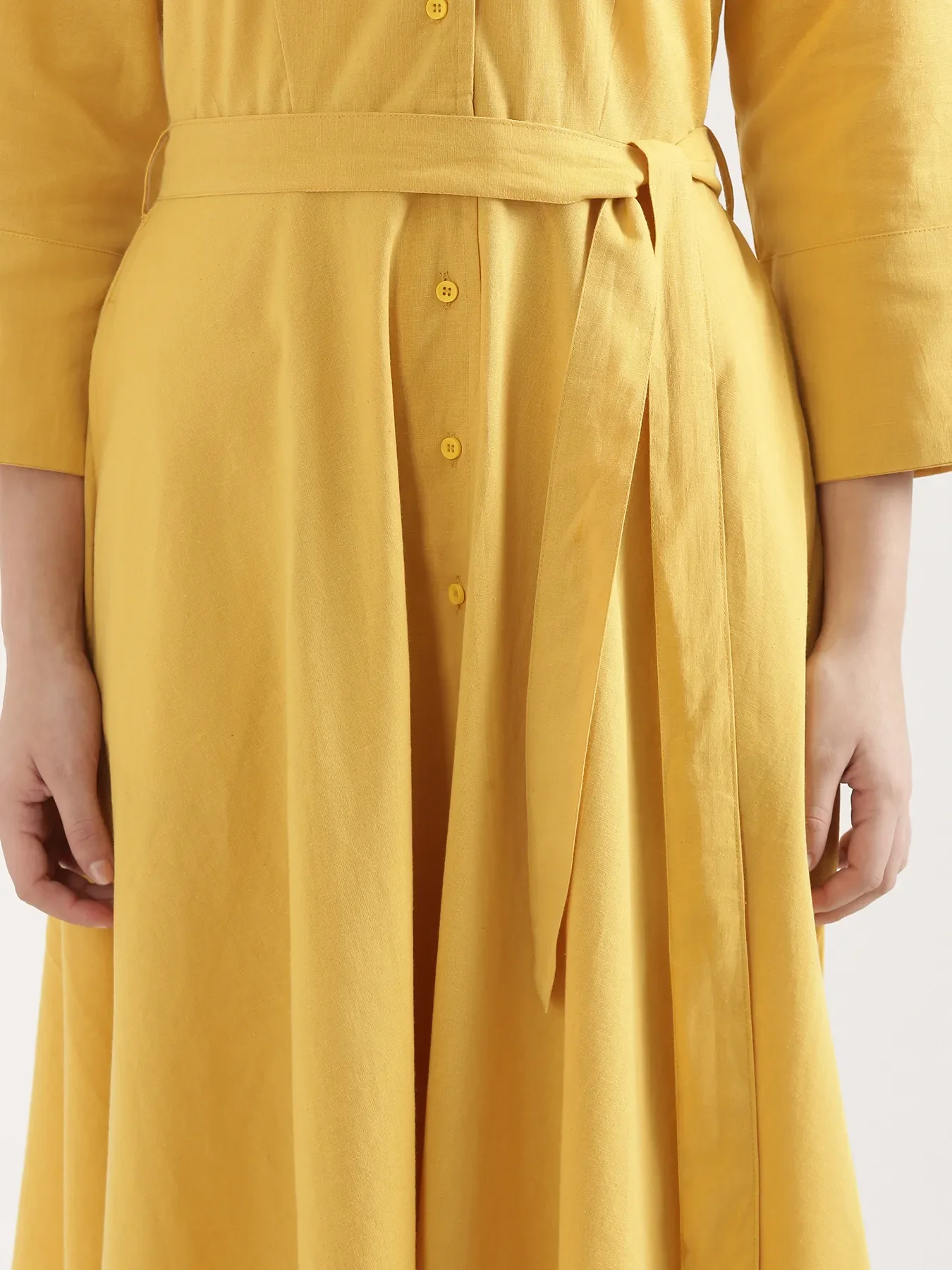 Women Yellow Airy Linen Flared Dress - Image 10