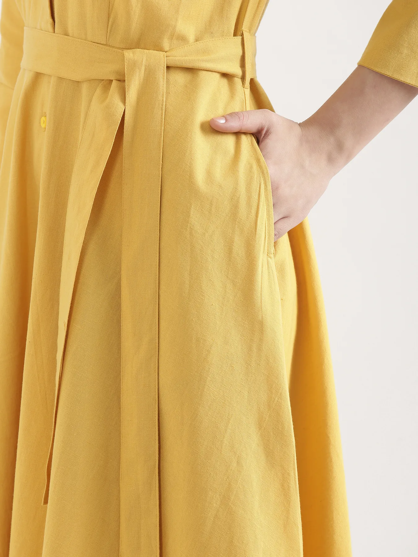 Women Yellow Airy Linen Flared Dress - Image 11