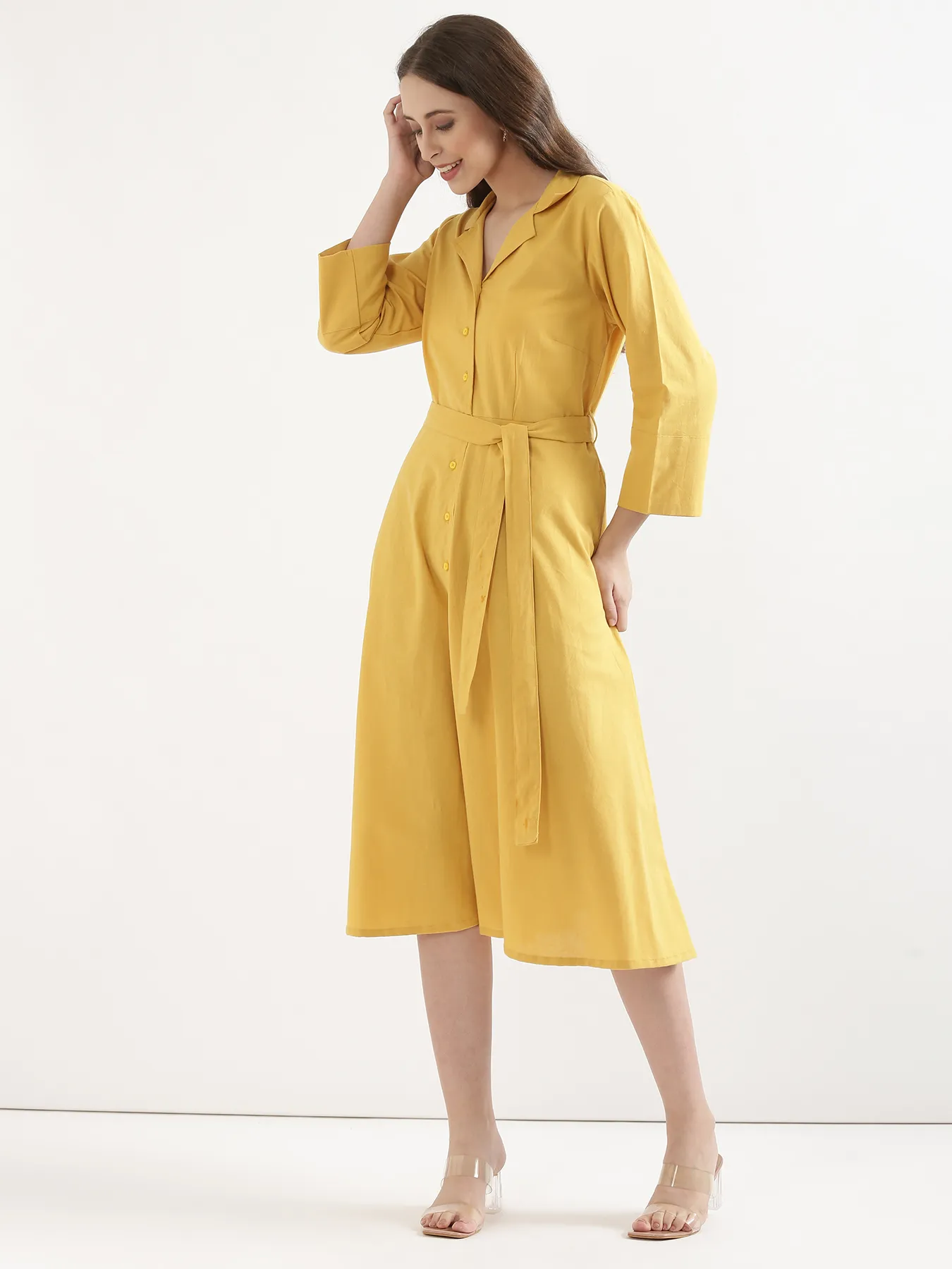 Women Yellow Airy Linen Flared Dress - Image 3