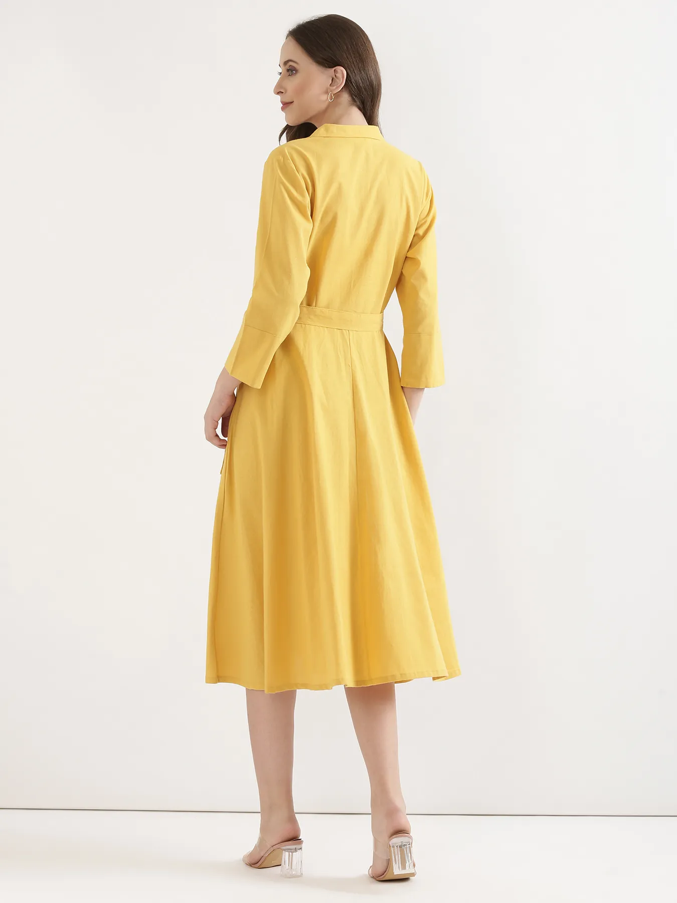 Women Yellow Airy Linen Flared Dress - Image 4