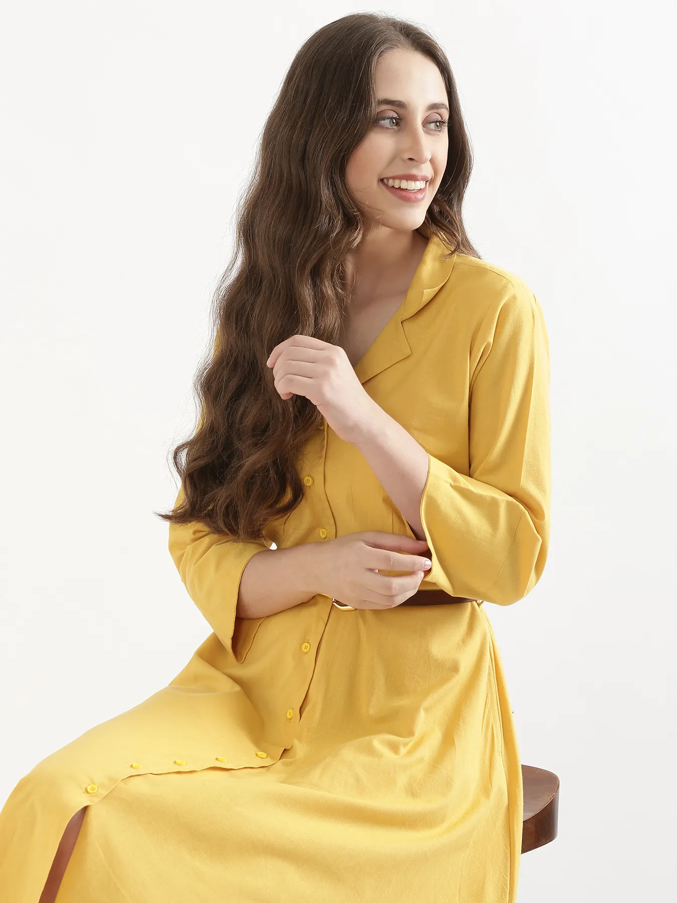 Women Yellow Airy Linen Flared Dress - Image 5