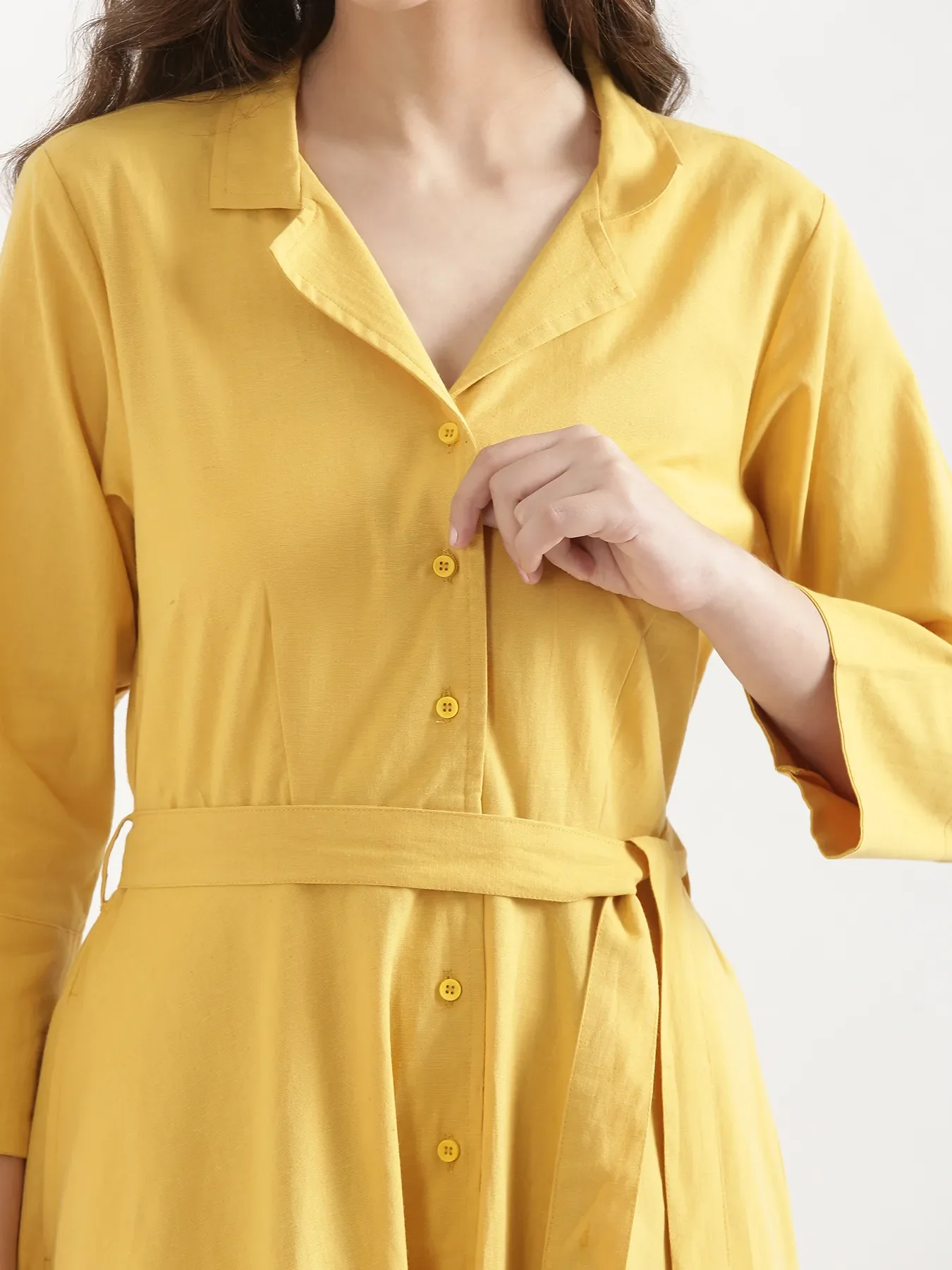 Women Yellow Airy Linen Flared Dress - Image 9