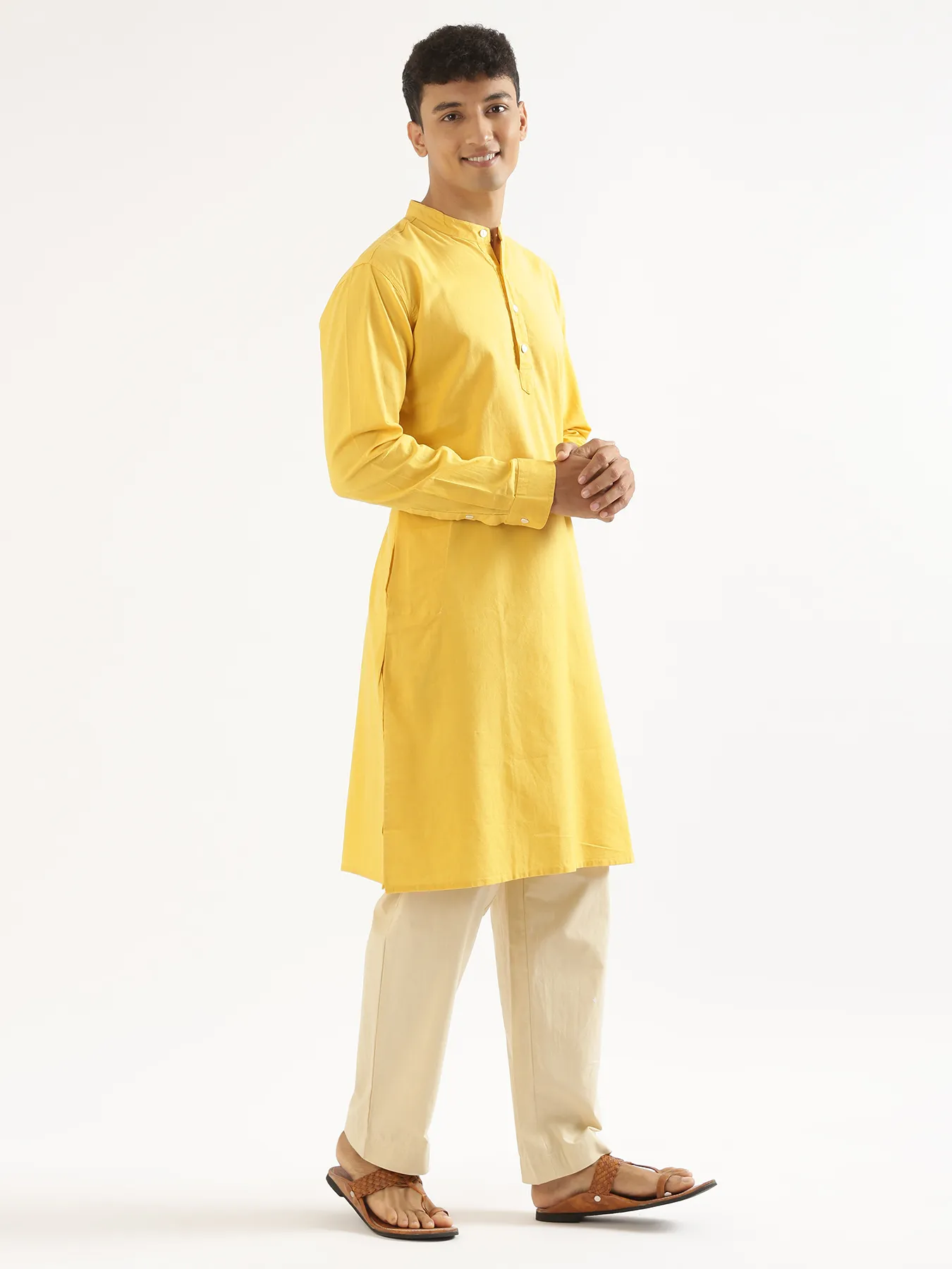 Men Yellow Airy Linen Long Kurta - Image 3