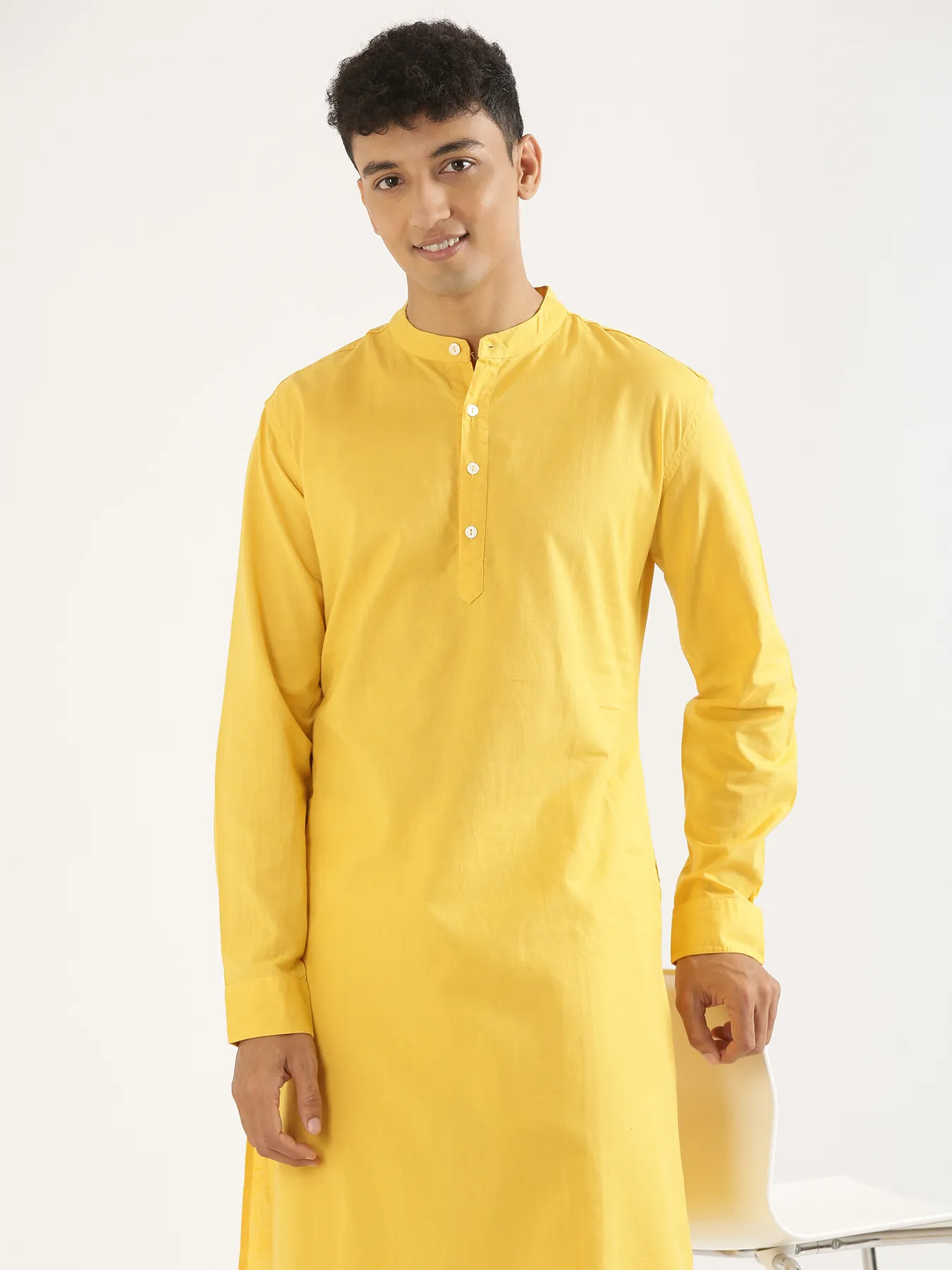 Men Yellow Airy Linen Long Kurta - Image 4