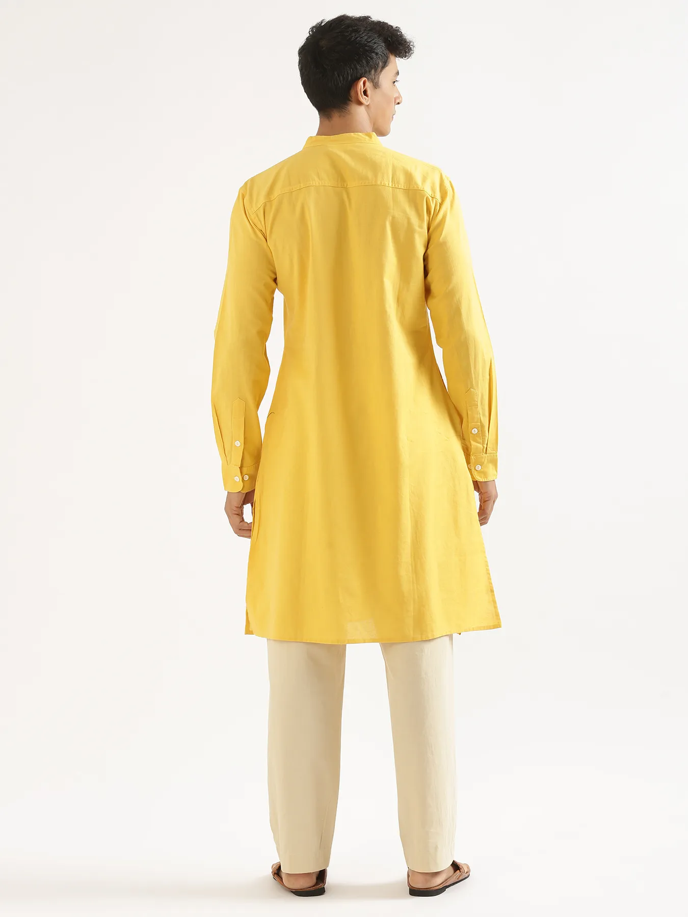 Men Yellow Airy Linen Long Kurta - Image 7