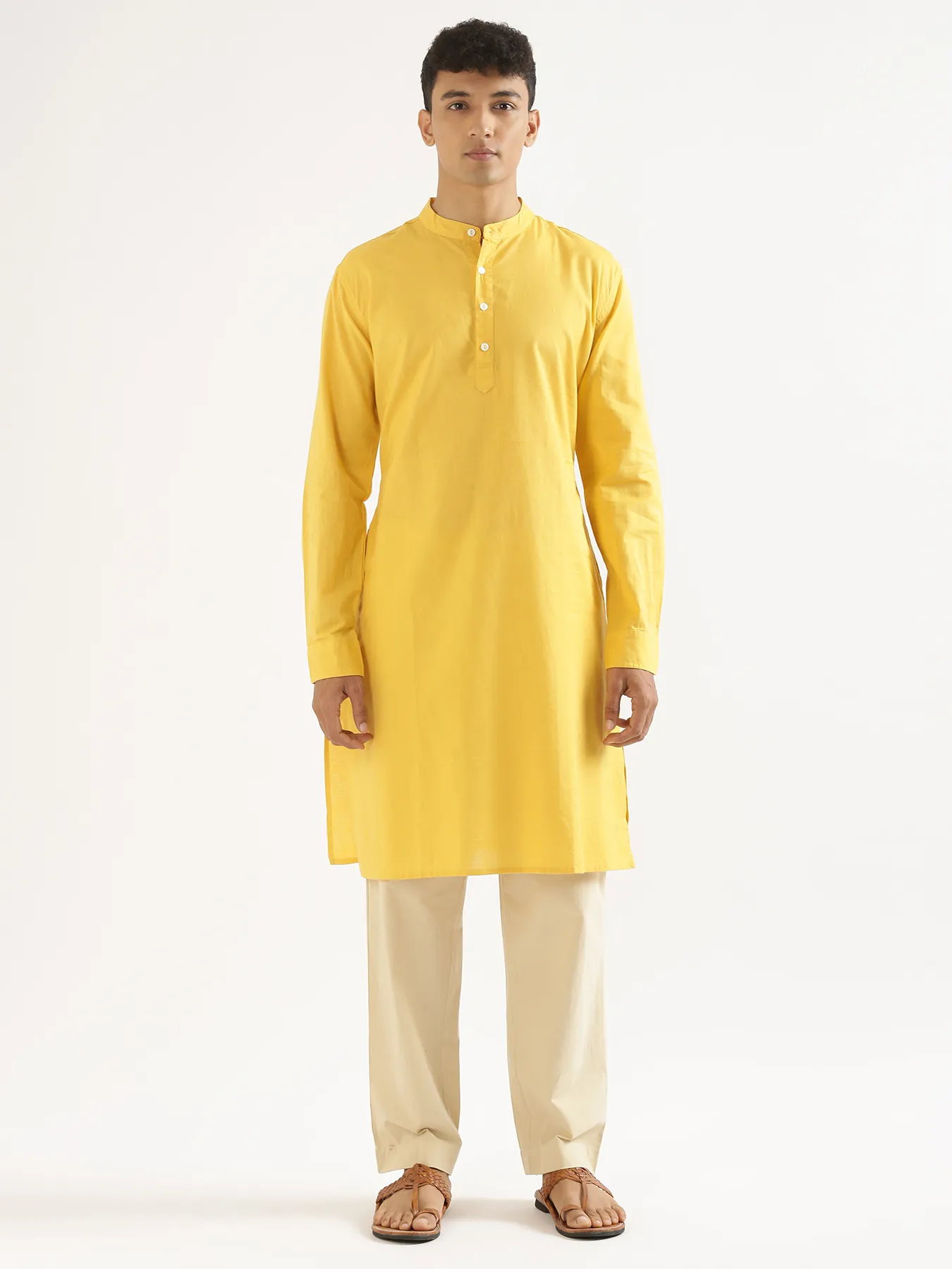 Men Yellow Airy Linen Long Kurta - Image 8