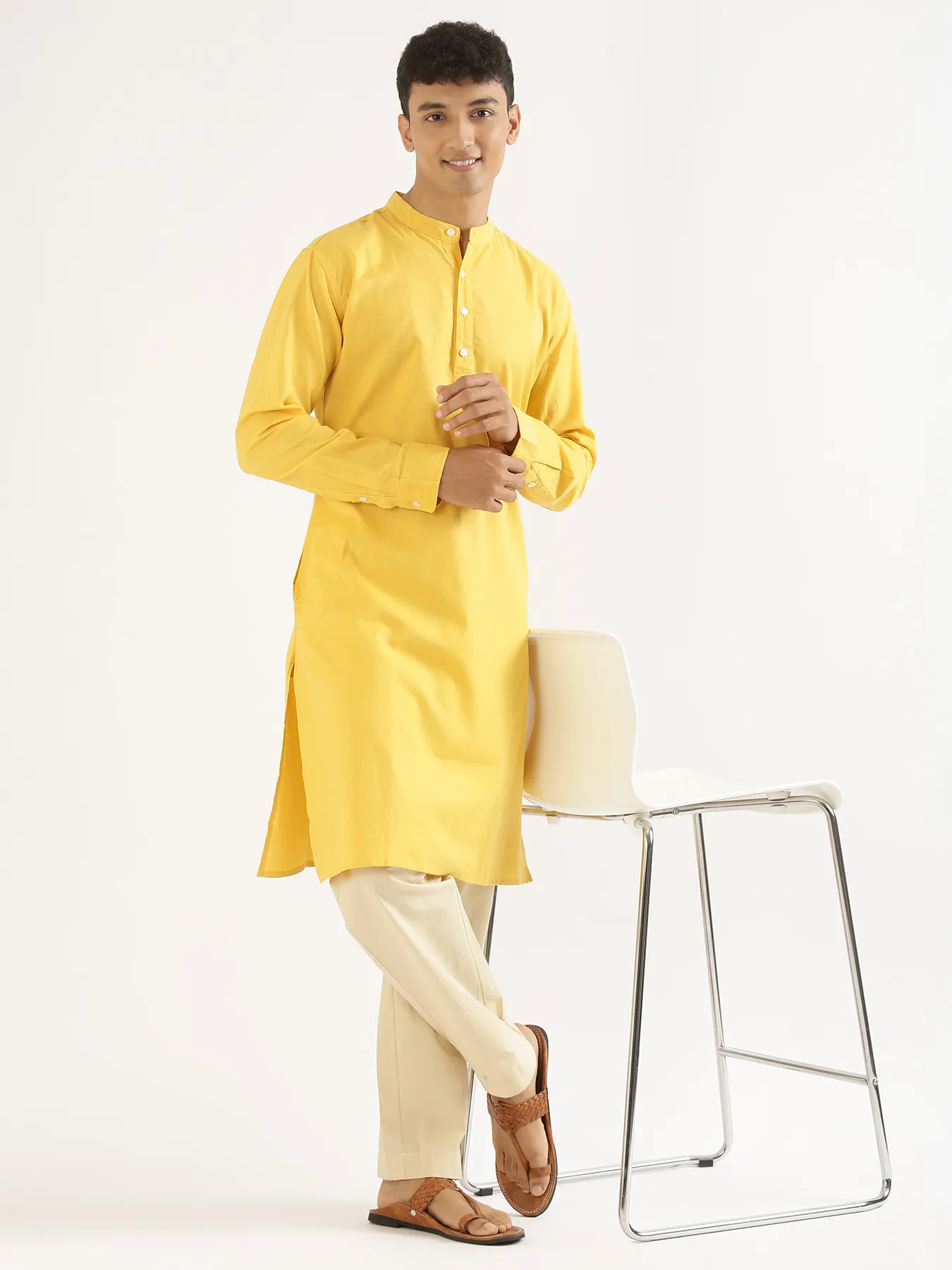 Men Yellow Airy Linen Long Kurta - Image 9