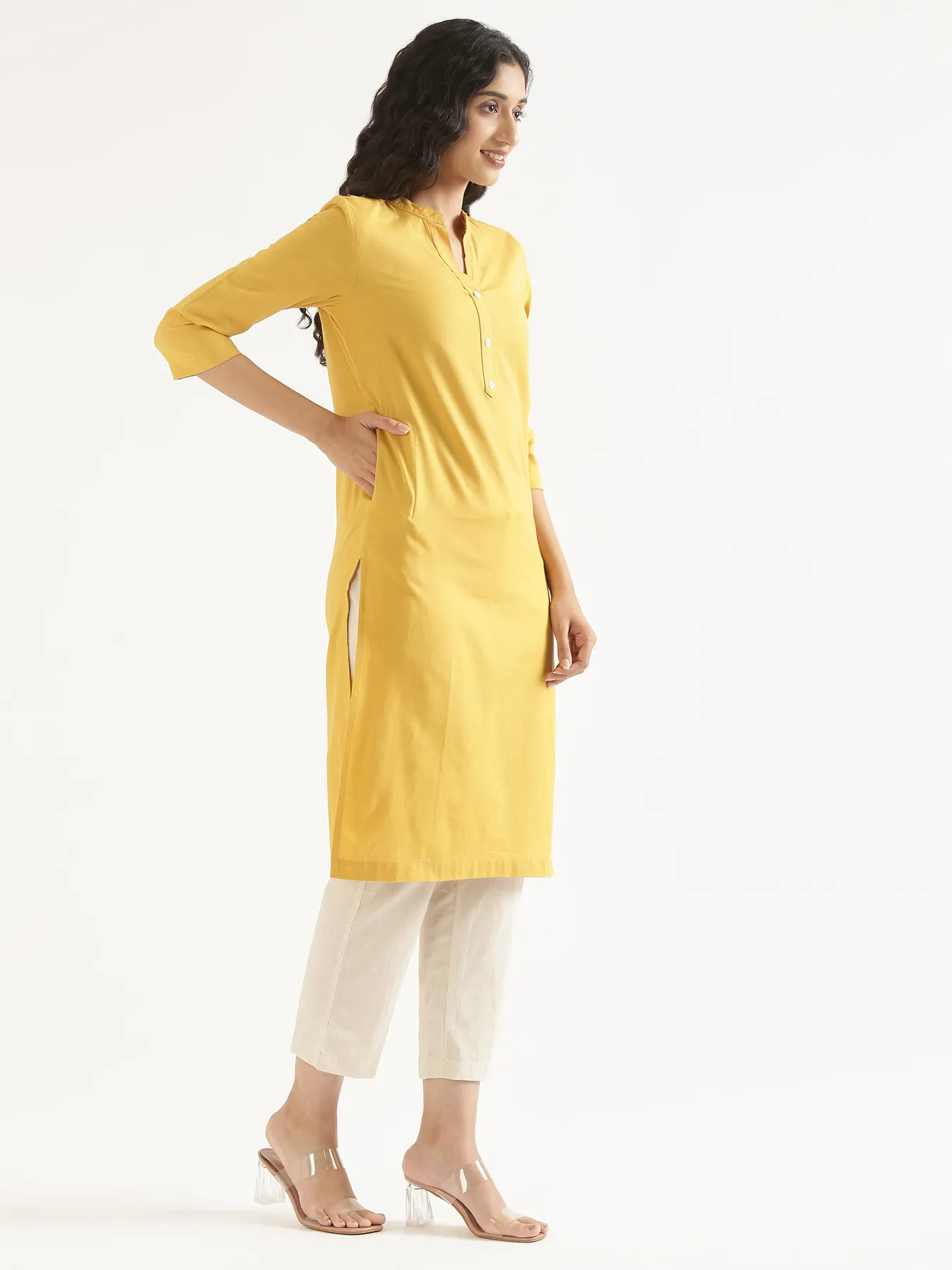 Women Yellow Airy Linen Long Kurta - Image 10