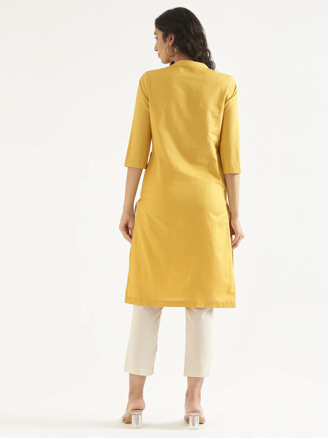 Women Yellow Airy Linen Long Kurta - Image 11