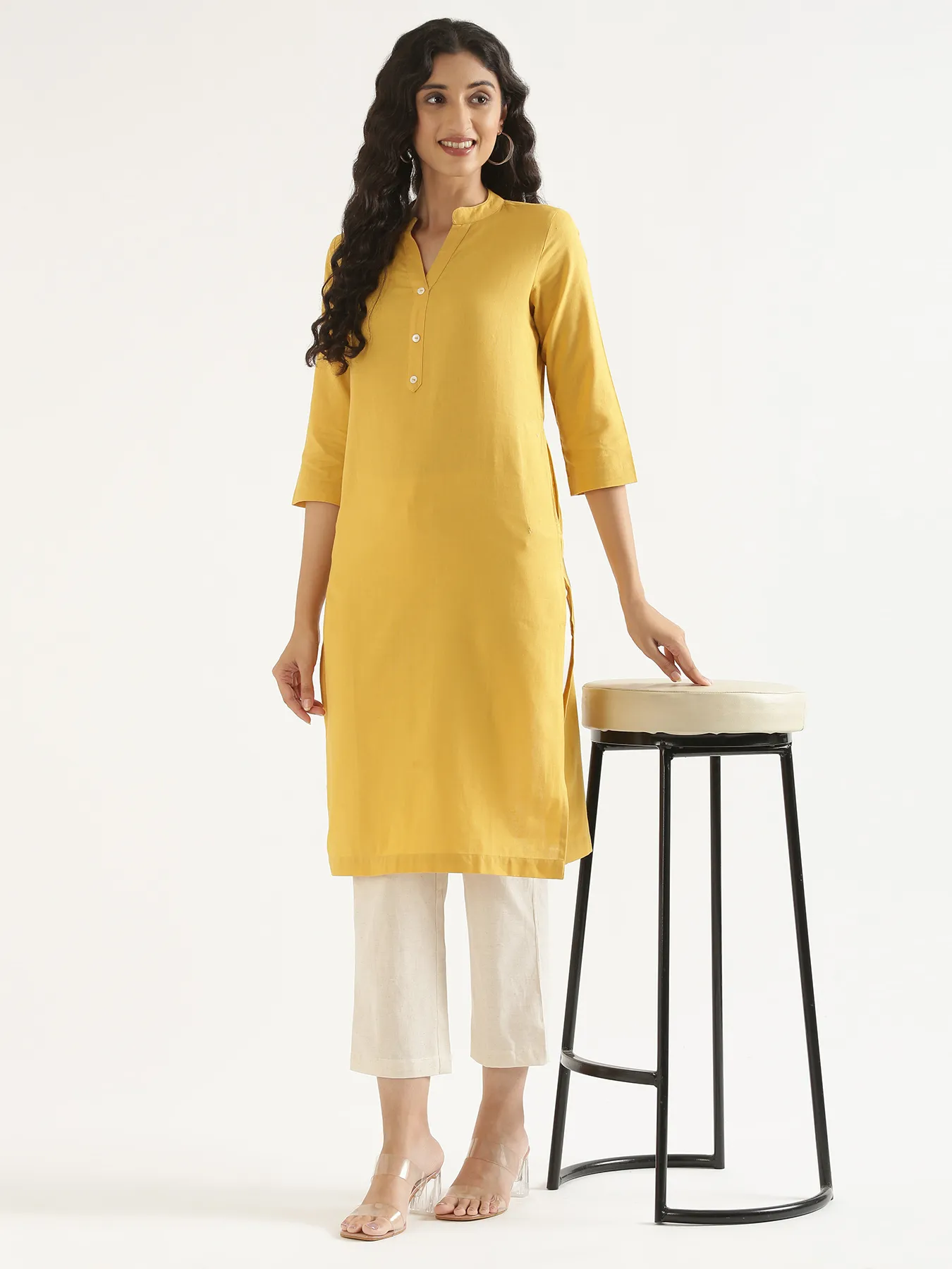 Women Yellow Airy Linen Long Kurta - Image 12