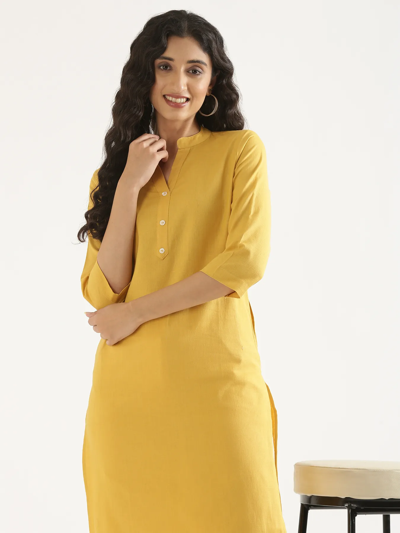 Women Yellow Airy Linen Long Kurta - Image 3
