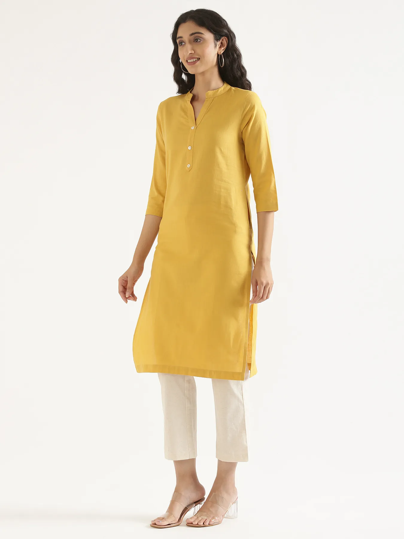 Women Yellow Airy Linen Long Kurta - Image 9