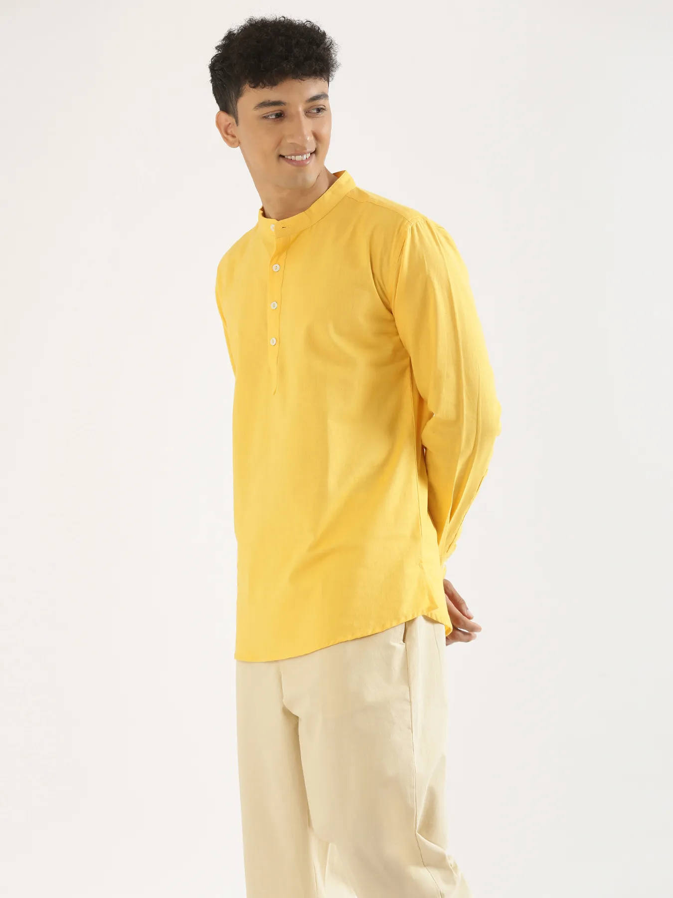 Men Yellow Airy Linen Short Kurta - Image 3