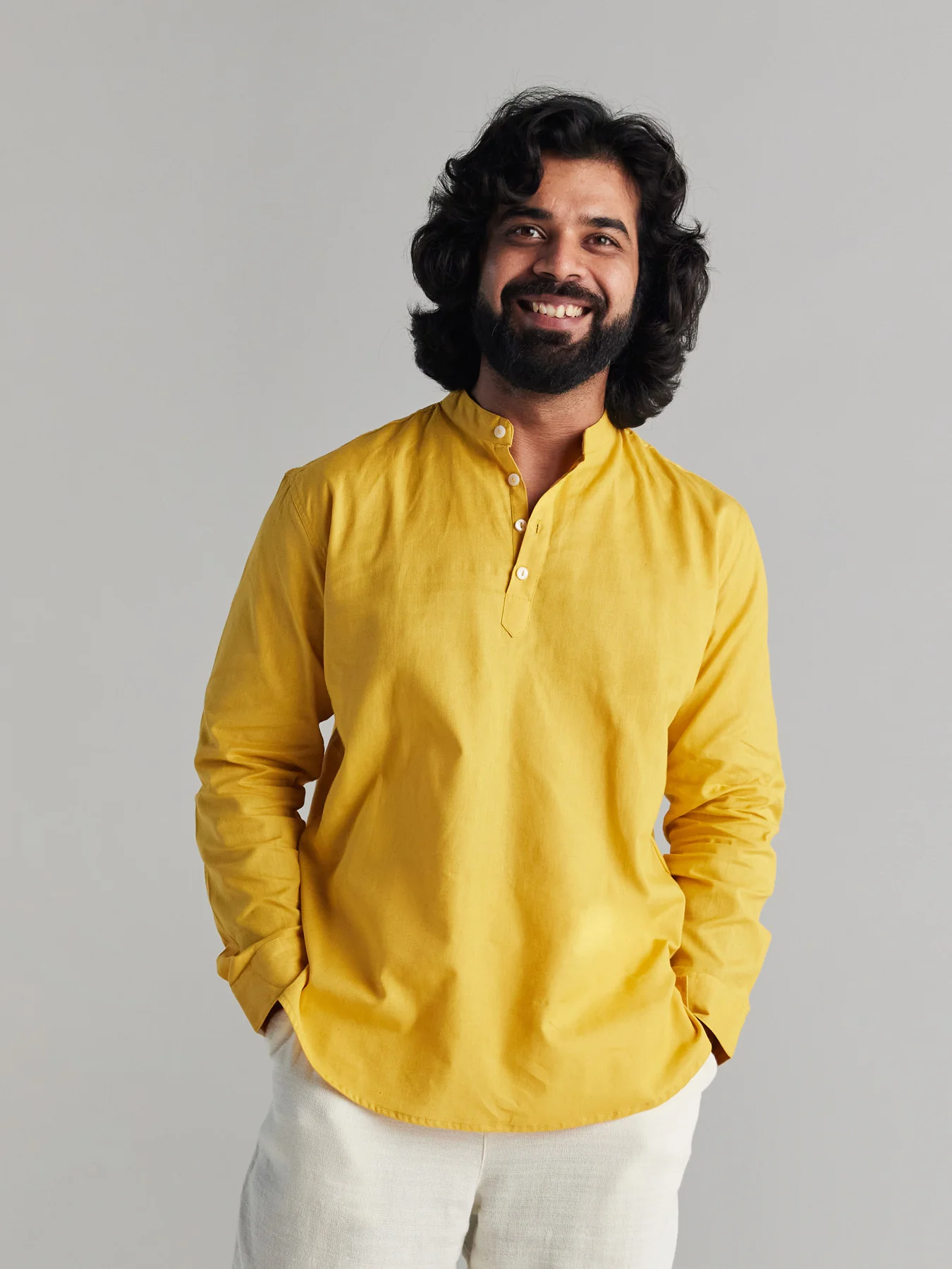 Men Yellow Airy Linen Short Kurta