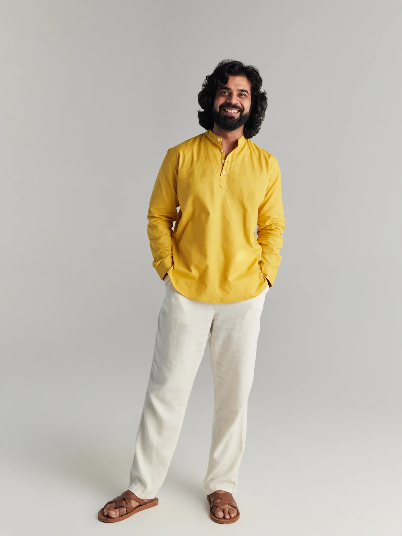Men Yellow Airy Linen Short Kurta - Image 2