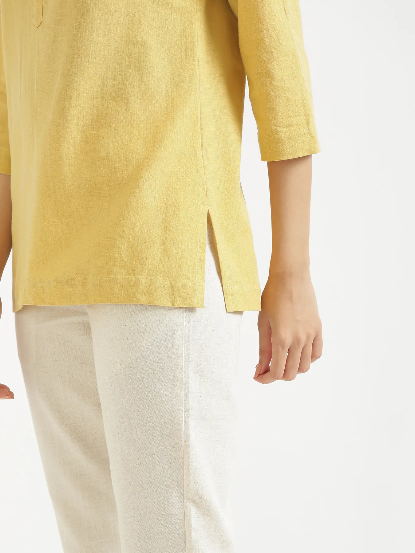 Women Yellow Airy Linen Short Kurta - Image 10