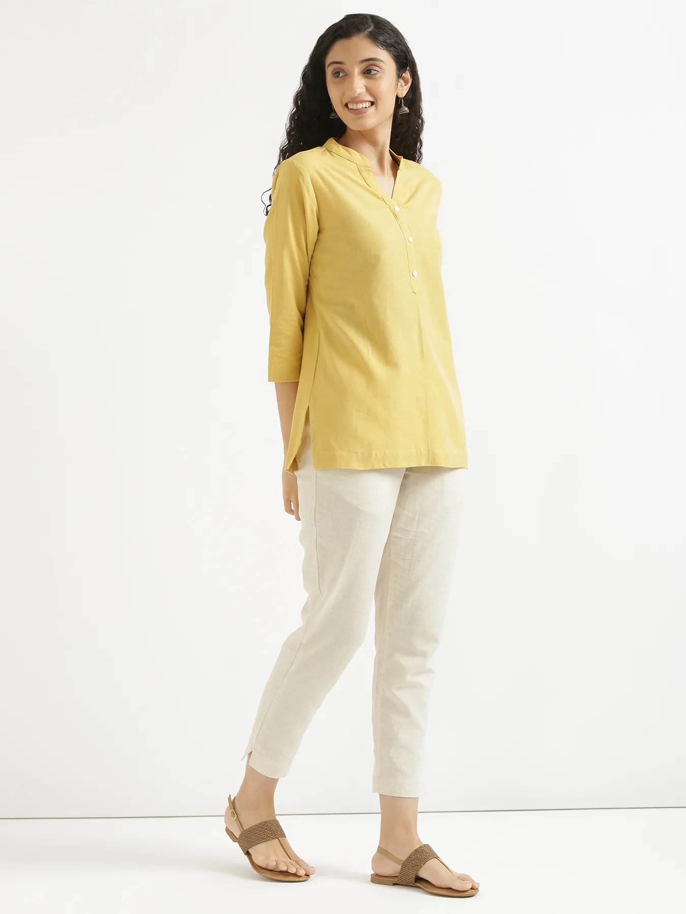 Women Yellow Airy Linen Short Kurta - Image 6