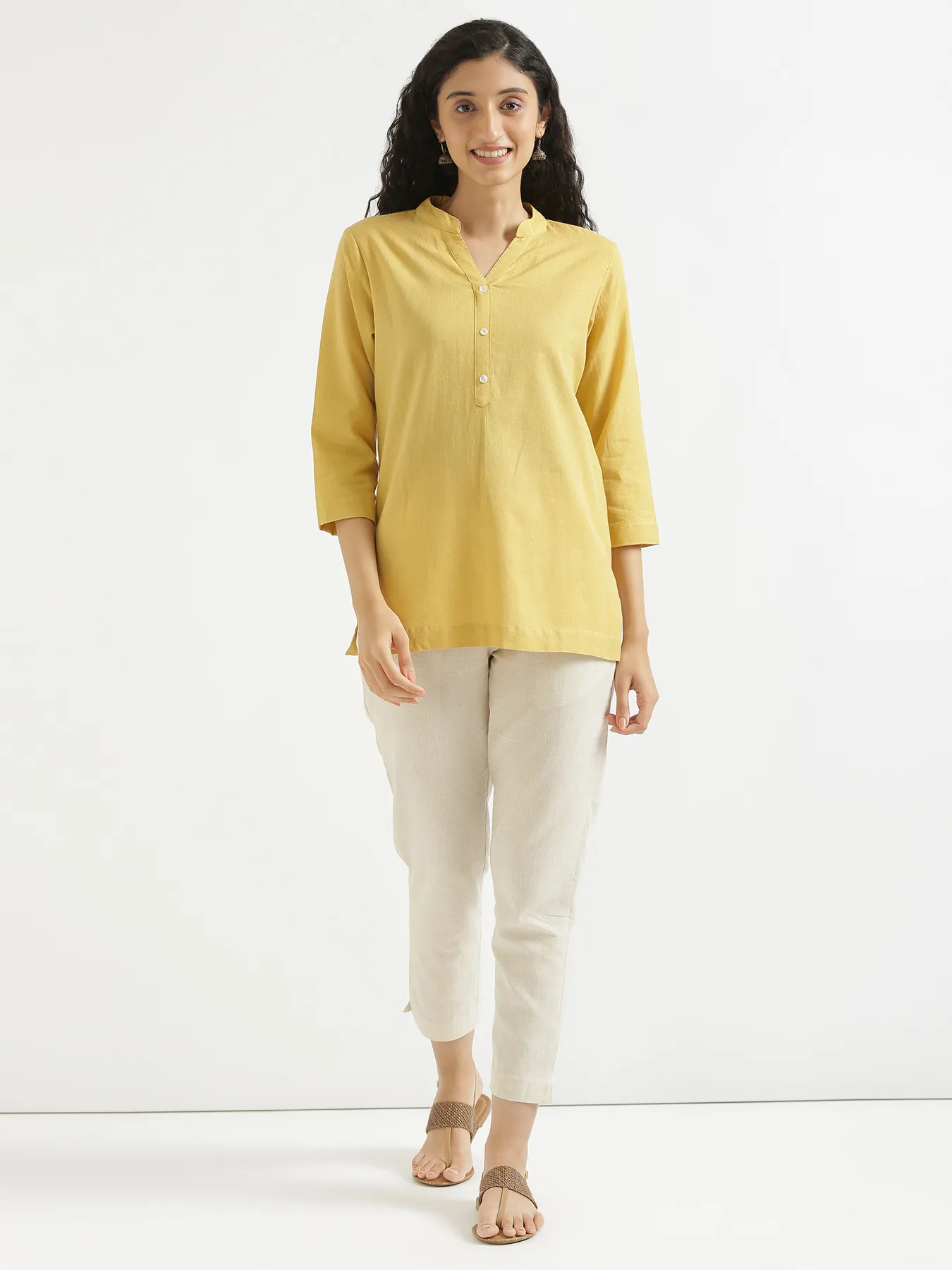 Women Yellow Airy Linen Short Kurta - Image 7