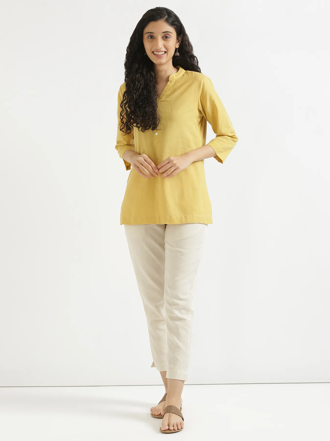Women Yellow Airy Linen Short Kurta - Image 8