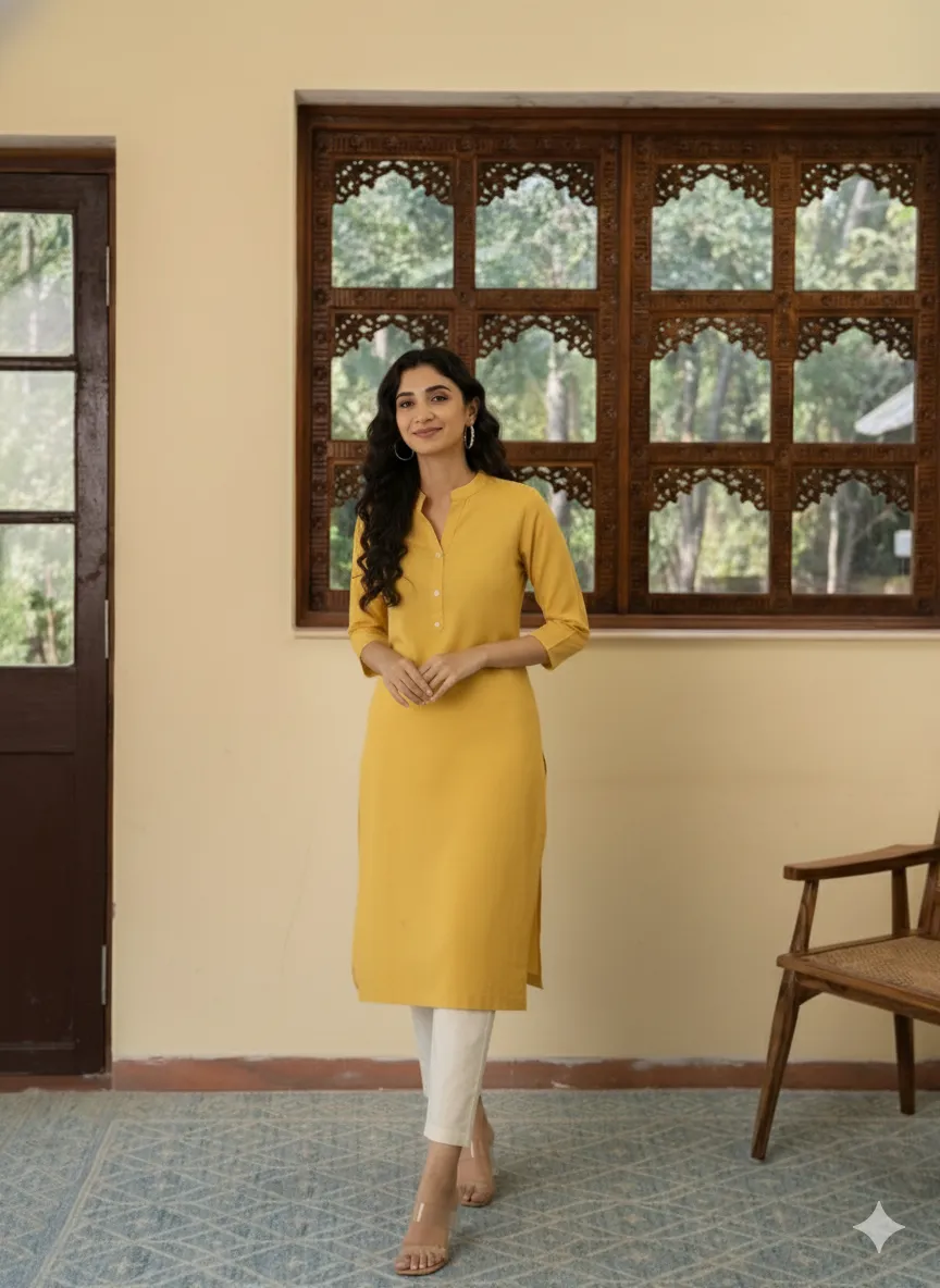 Women Yellow Airy Linen Long Kurta & Beige Cotton Pant Set - Image 3