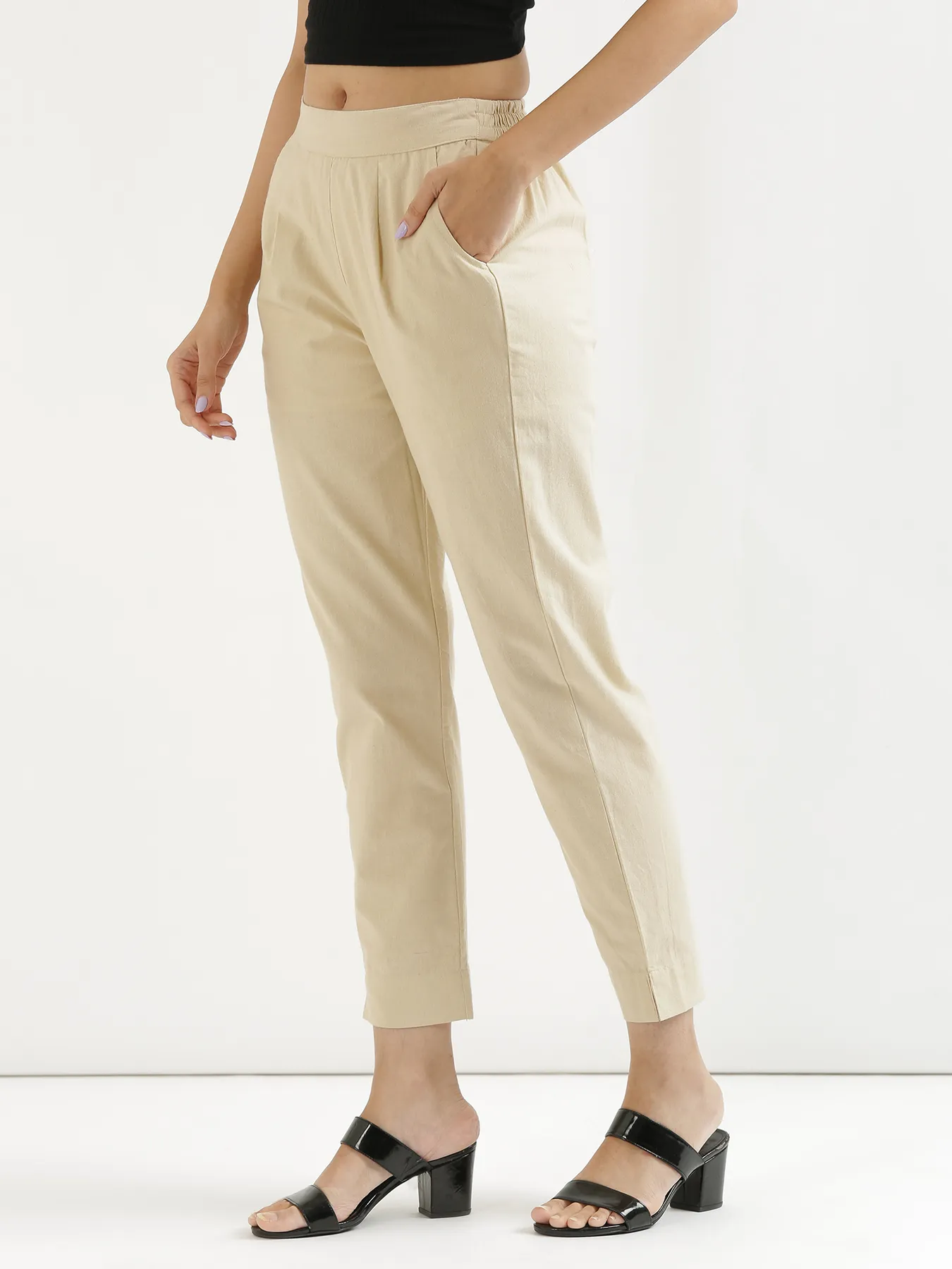 Women Beige Cotton Pant - Image 8