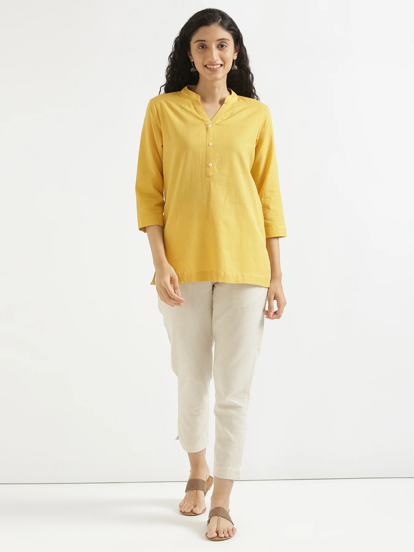 Women Yellow & Ecru Short Kurta - Image 13