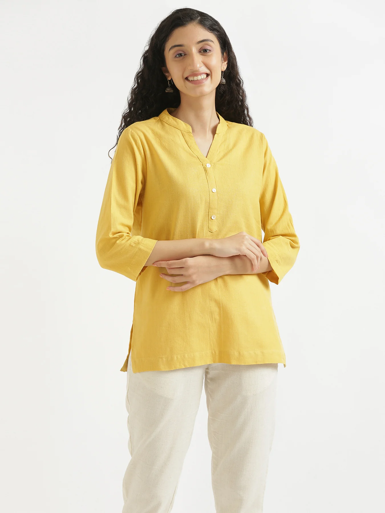 Women Yellow & Ecru Short Kurta - Image 6