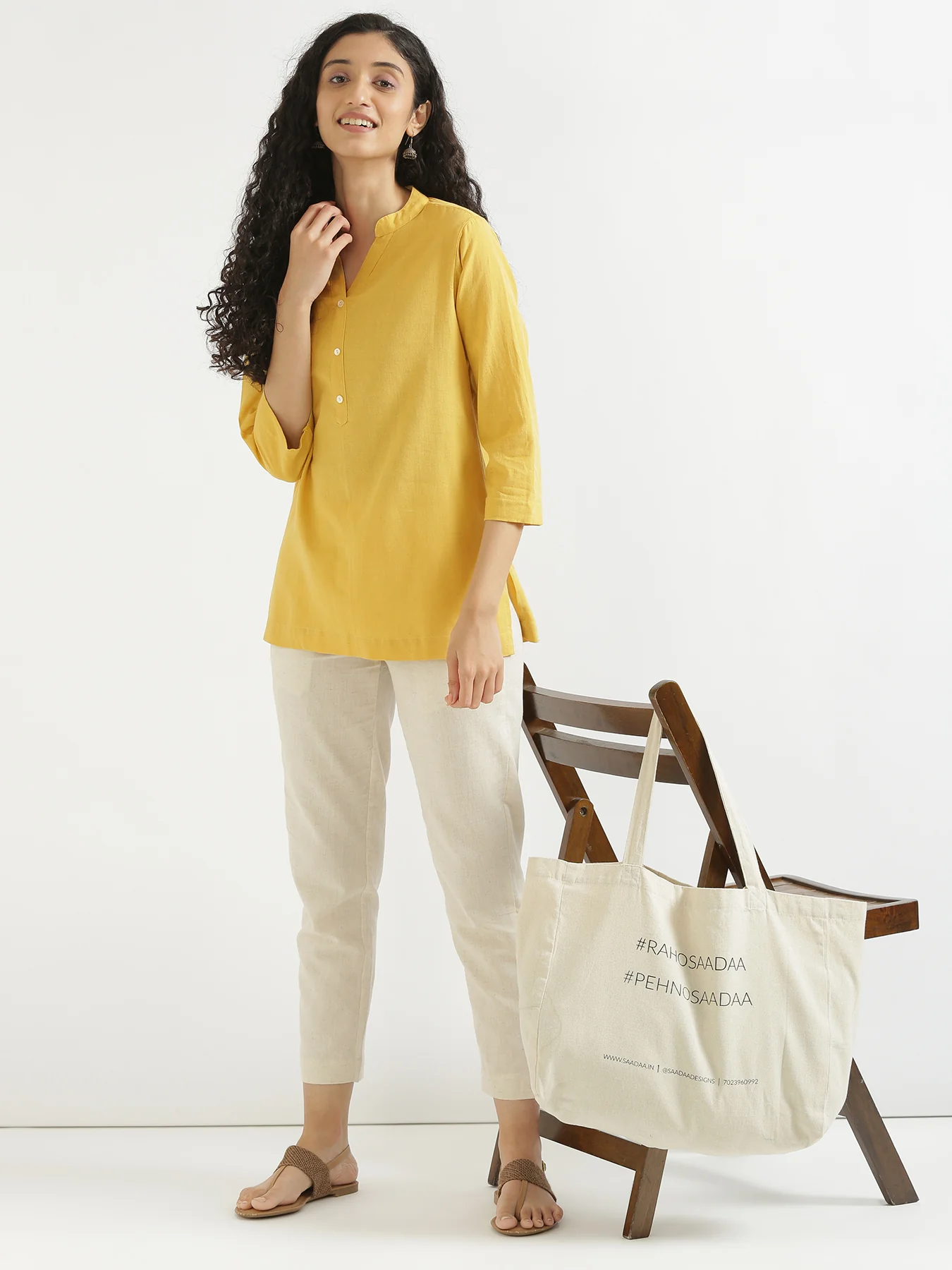 Women Yellow & Ecru Short Kurta - Image 9