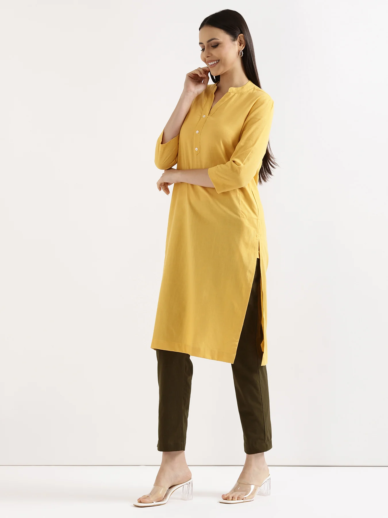 Women Yellow & Rose Taupe Long Kurta - Image 4