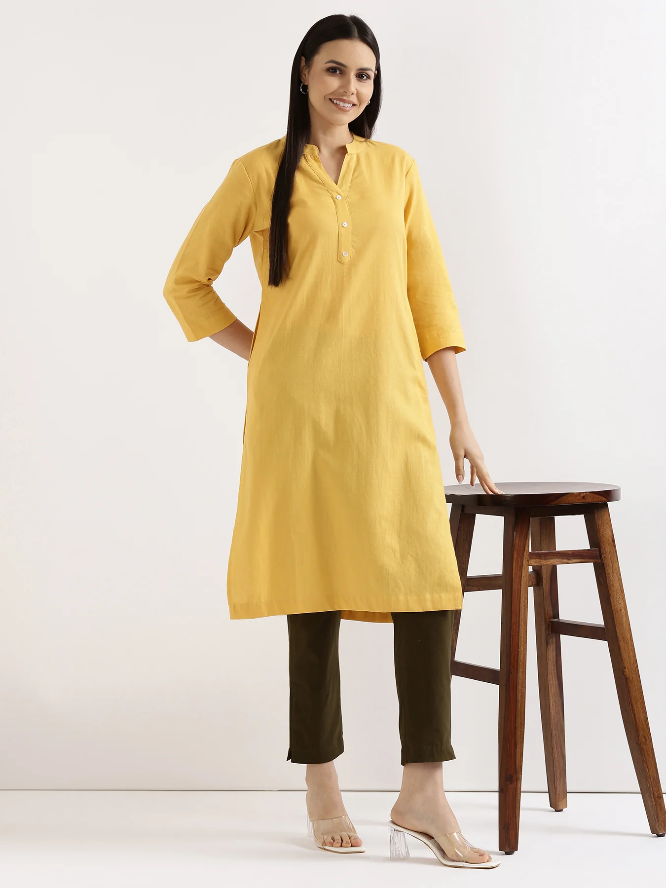 Women Yellow & Rose Taupe Long Kurta - Image 9
